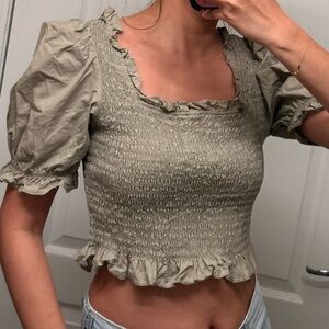 Green Puff Sleeve Smocked Ruffle Top